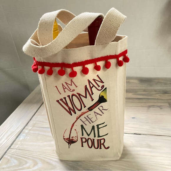 GIFT BAG Canvas Tote Bag WINE BOTTLE Double Holder I Am Woman Hear Me Pour 10 in - Picture 4 of 9